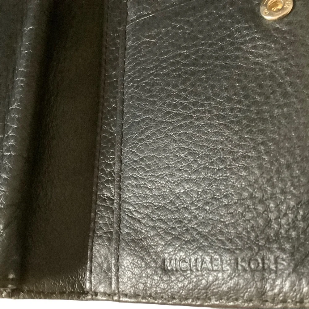 Michael Kors black pebbled leather checkbook wallet zipper pocket metal logo